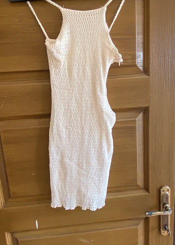 Beyaz Örgü Askılı Midi Elbise - Görsel 3