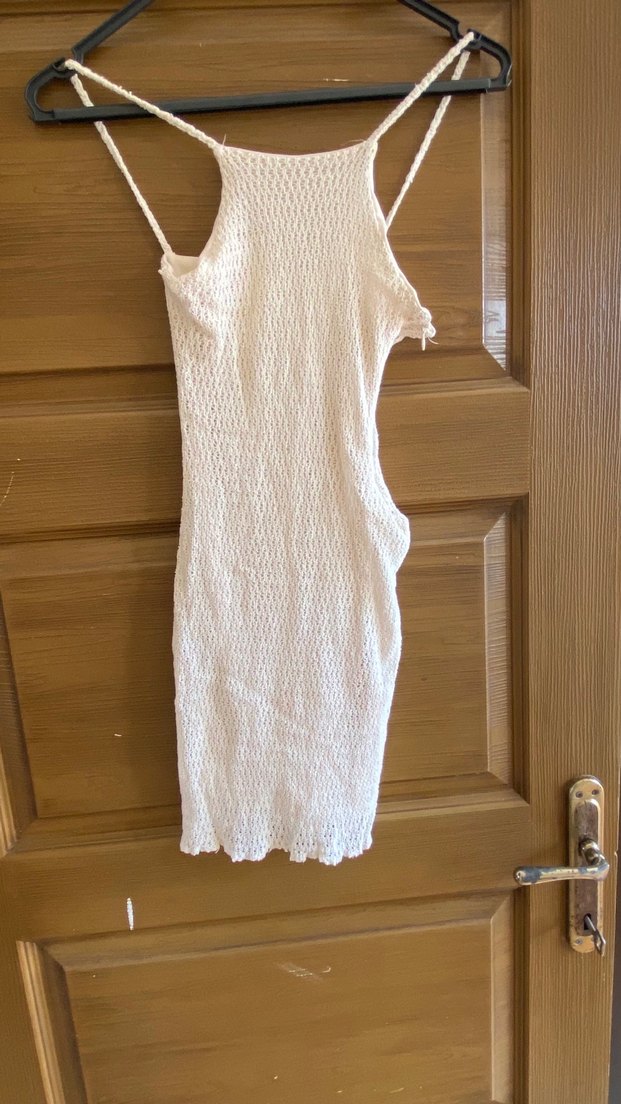 Beyaz Örgü Askılı Midi Elbise - Görsel 3