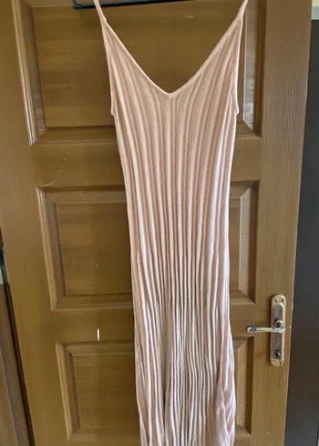 Bej Piliseli Keten Uzun Elbise - Görsel 3