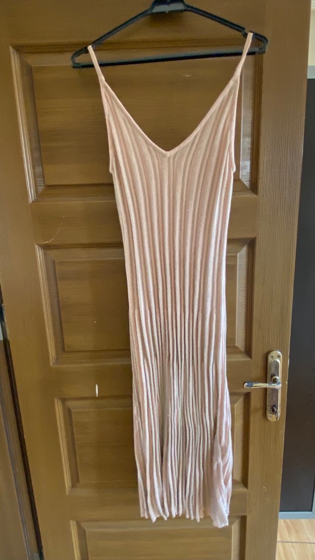 Bej Piliseli Keten Uzun Elbise - Görsel 3