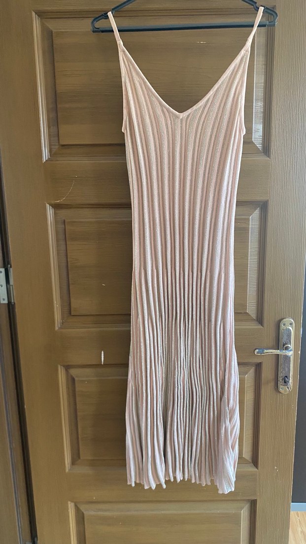 Bej Piliseli Keten Uzun Elbise - Görsel 2