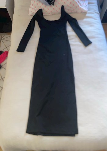 Siyah Uzun Kollu Drapeli Uzun Elbise - Görsel 3