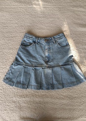 Mavi Denim Pileli Mini Etek