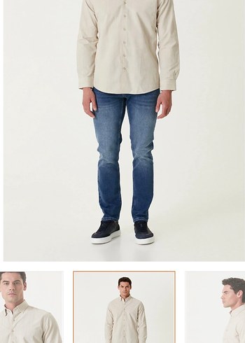 Bej Keten Erkek Gömlek, Düğmeli, Uzun Kollu - Görsel 4