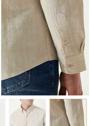 Bej Keten Erkek Gömlek, Düğmeli, Uzun Kollu - Görsel 3