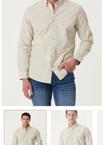 Bej Keten Erkek Gömlek, Düğmeli, Uzun Kollu - Görsel 2