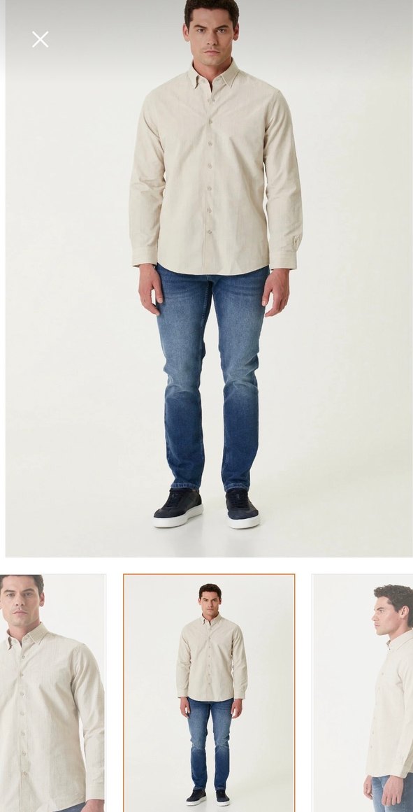 Bej Keten Erkek Gömlek, Düğmeli, Uzun Kollu - Görsel 4