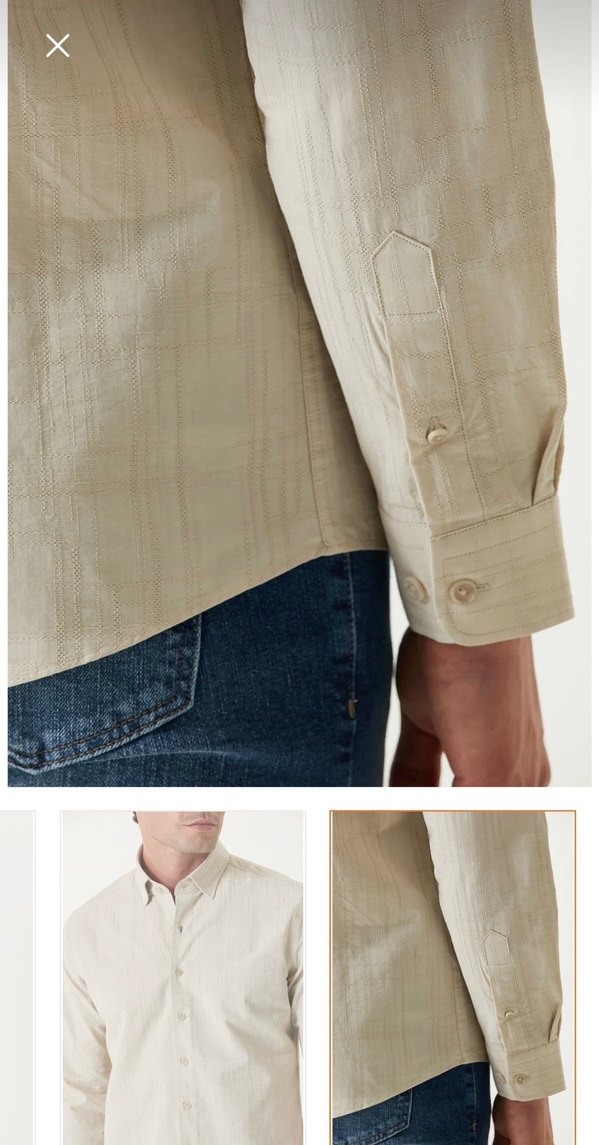 Bej Keten Erkek Gömlek, Düğmeli, Uzun Kollu - Görsel 3