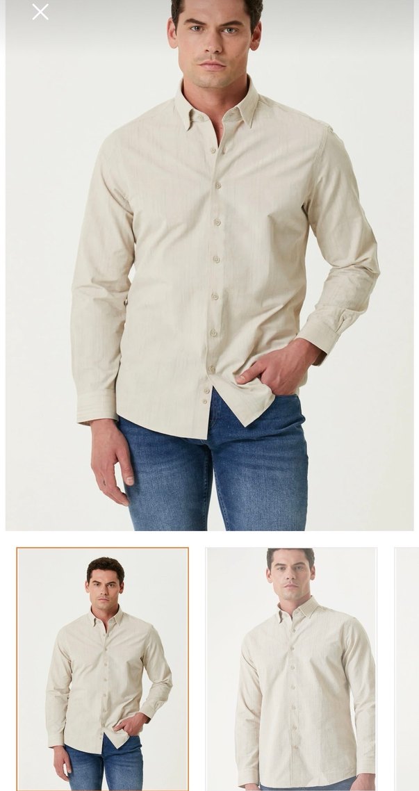 Bej Keten Erkek Gömlek, Düğmeli, Uzun Kollu - Görsel 2