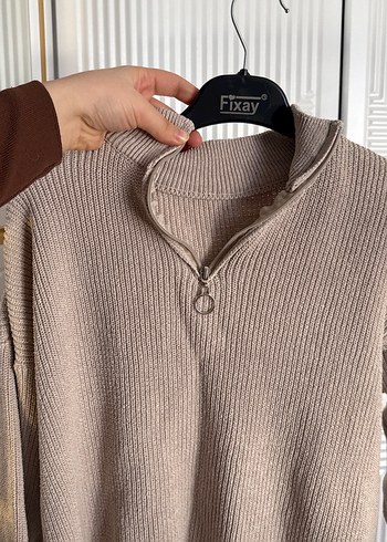 Bej Yarım Fermuarlı Yüksek Yakalı Kadın Kazak - Görsel 2