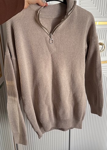 Bej Yarım Fermuarlı Yüksek Yakalı Kadın Kazak - Görsel 3