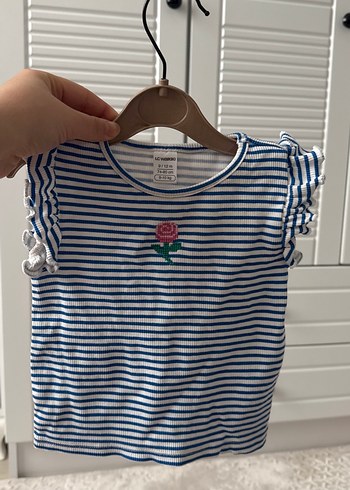 LCW Kız Çocuk Mavi Çizgili Fırfırlı Tişört - Görsel 2