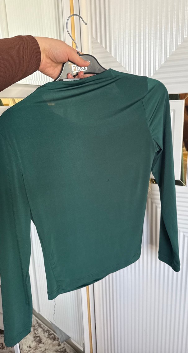 Drapeli Uzun Kollu Yeşil Kadın Bluz - Görsel 3