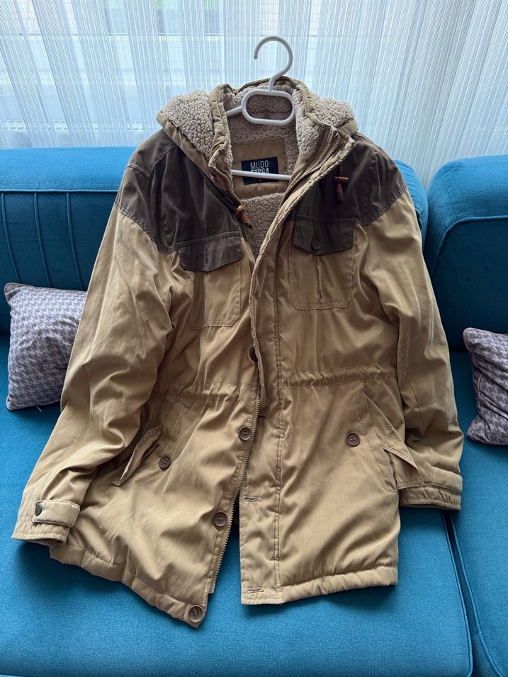 Bej kahve içi yünlü erkek parka - Görsel 2