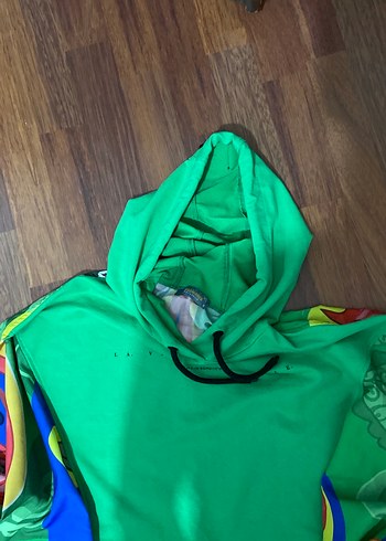 Renkli Baskılı Kapüşonlu Yeşil Sweatshirt - Görsel 4