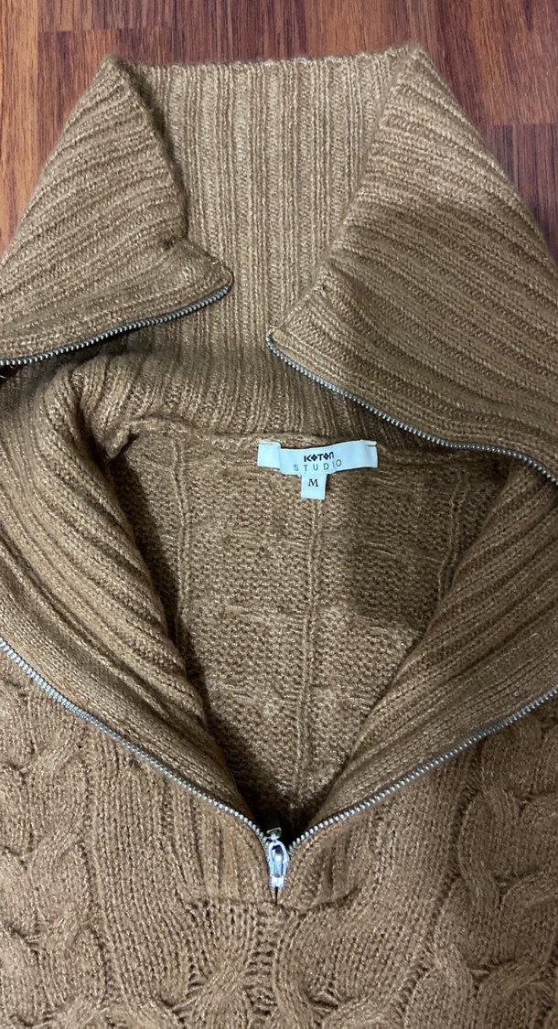 Yarım Fermuarlı Kahverengi Örgü Süveter - Görsel 5