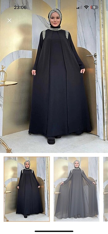Siyah sifon taşlı elbise abaya
