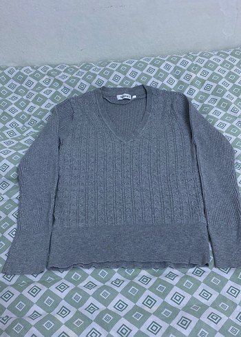 Gri V Yaka Kadın Triko Kazak esnek - Görsel 2