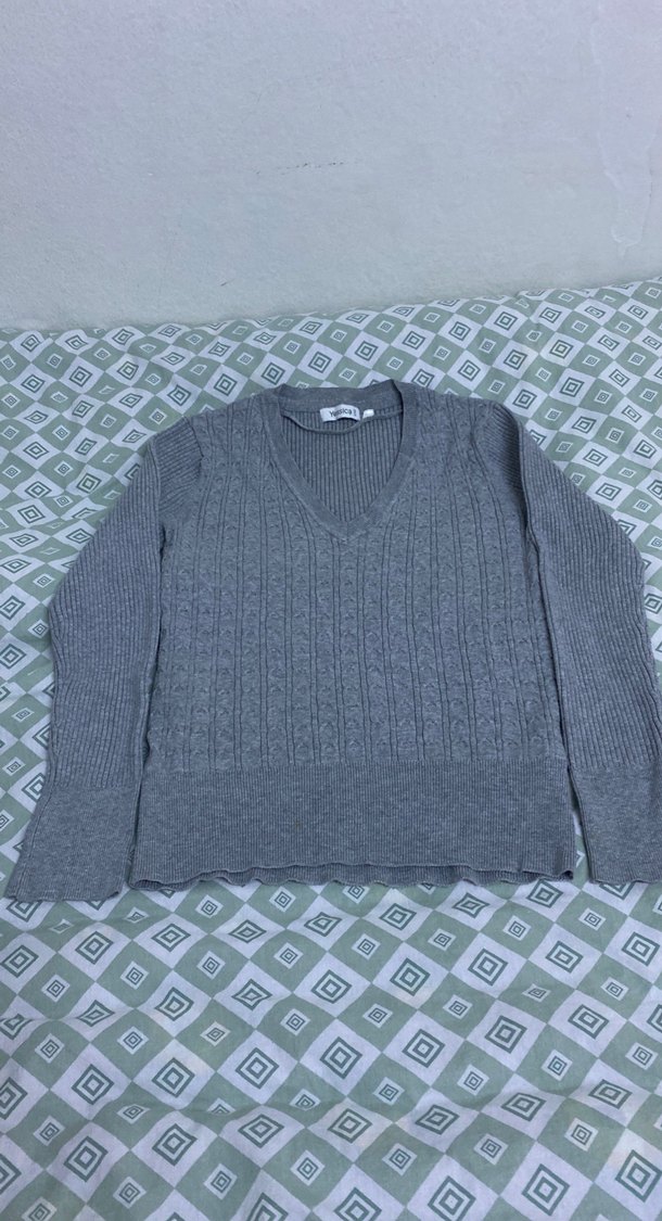Gri V Yaka Kadın Triko Kazak esnek - Görsel 2