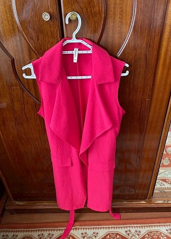 Pembe Kolsuz Midi Yelek kendinden kemerli - Görsel 4