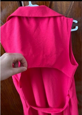 Pembe Kolsuz Midi Yelek kendinden kemerli - Görsel 3
