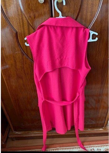 Pembe Kolsuz Midi Yelek kendinden kemerli - Görsel 2