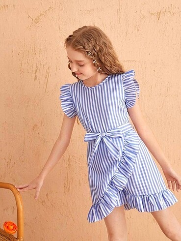 10 Yaş Beden Zara Çizgili Mavi-Beyaz Çizgili Desenli Fırfırlı Elbise