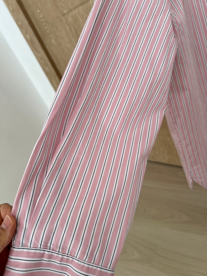 Pembe Çizgili Uzun Kollu Keten Gömlek - Görsel 2