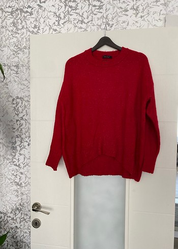 Koyu Kırmızı Örgü Kadın Yün Kazak - Görsel 3