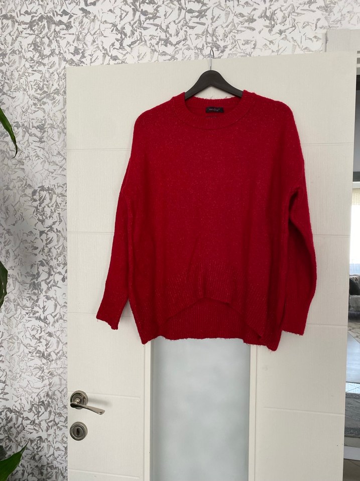 Koyu Kırmızı Örgü Kadın Yün Kazak - Görsel 3