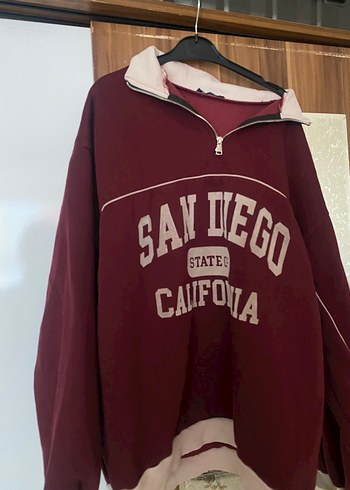 Bordo Yarım Fermuarlı Yüksek Yakalı Sweatshirt