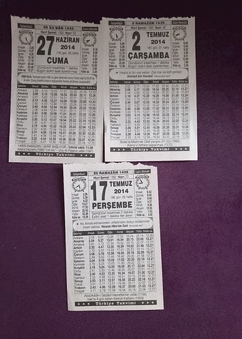 2014 yılına ait takvim yaprakları