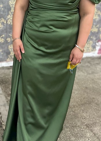 Parlak Haki Drapeli Uzun Abiye Elbise - Görsel 4