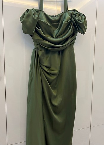 Parlak Haki Drapeli Uzun Abiye Elbise - Görsel 2