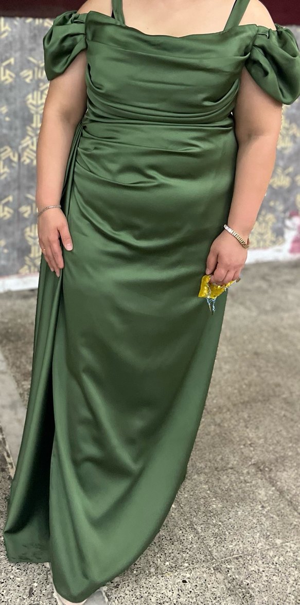 Parlak Haki Drapeli Uzun Abiye Elbise - Görsel 4