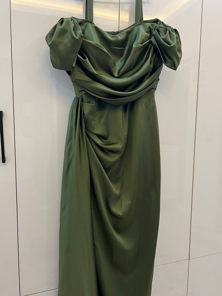 Parlak Haki Drapeli Uzun Abiye Elbise - Görsel 2