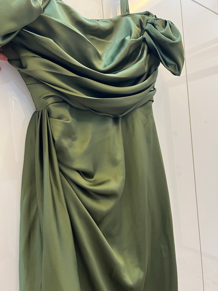 Parlak Haki Drapeli Uzun Abiye Elbise - Görsel 3