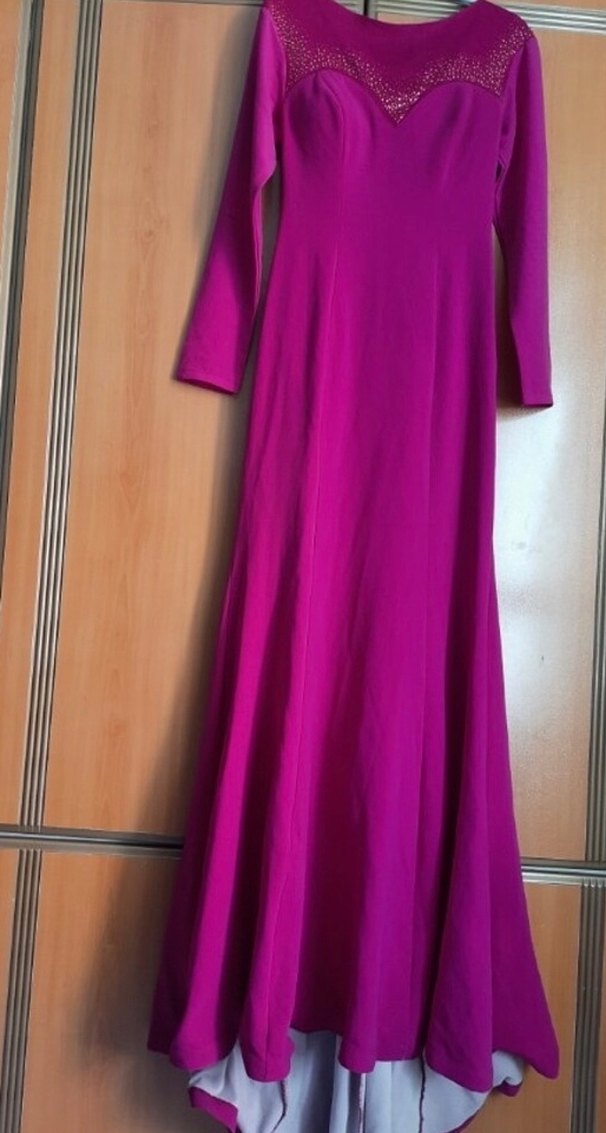 Mor Uzun Drapeli Kadın Elbise - Görsel 3