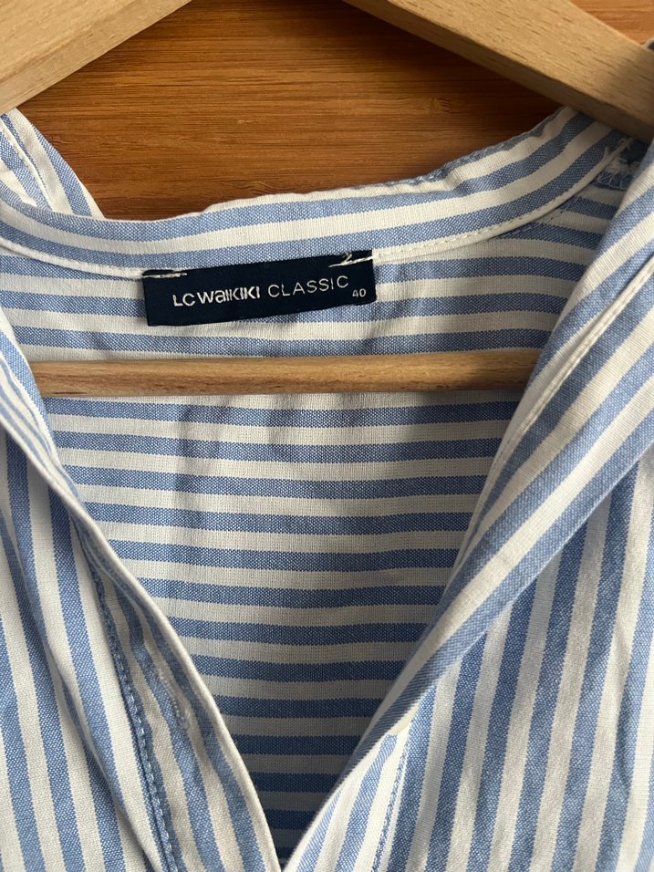 Mavi beyaz Çizgili Pamuklu Uzun Kollu Gömlek - Görsel 3