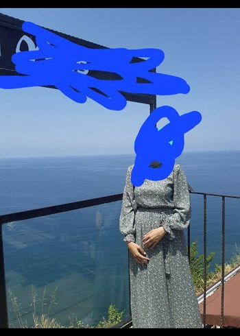 Yeşil Desenli Şifon Uzun Astarlı Elbise