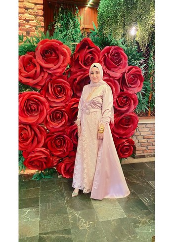 Pembe Uzun Kollu Drapeli Kadın abiye