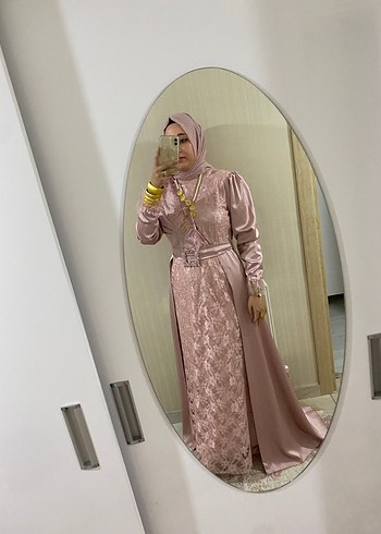 Abiye Pembe Uzun Kollu Drapeli Kadın abiye