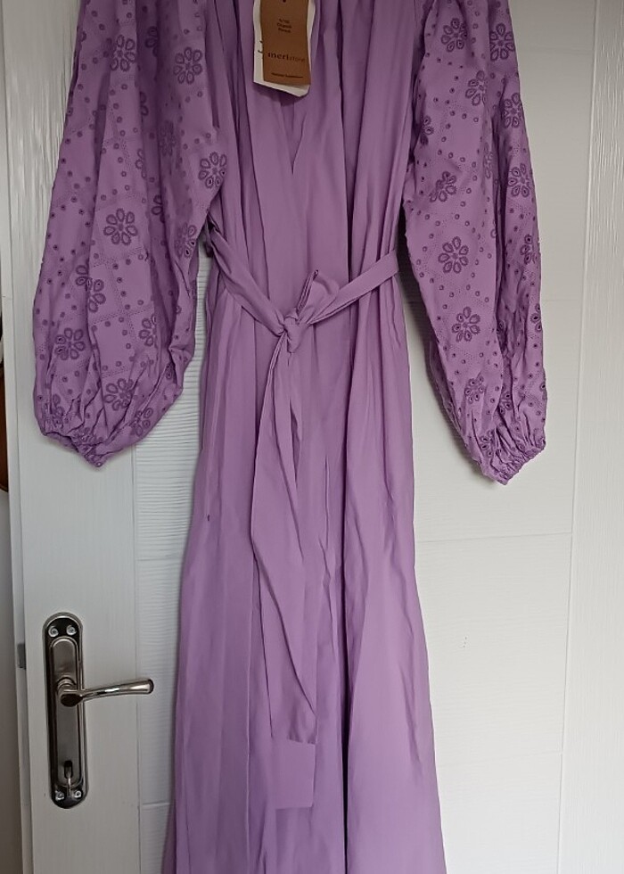 Sıfır lila kuşaklı balon kol yazlık elbise - Görsel 2