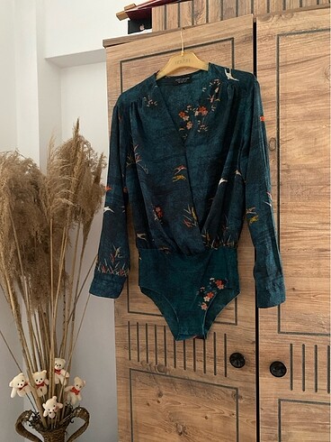 Zara Zara ipek saten yeşil bodysuit bluz