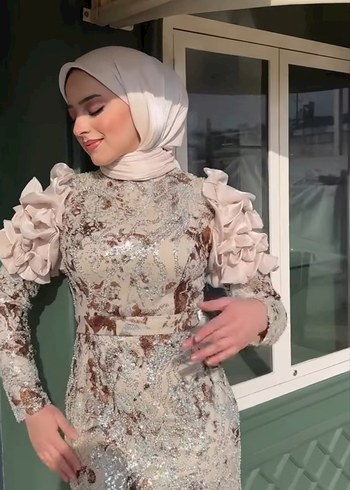 Abiye Nakışlı Turkuaz Uzun Abiye Elbise