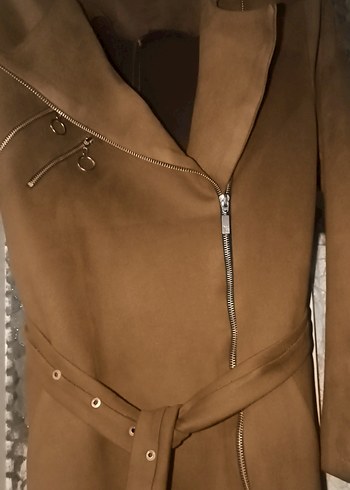 Kahverengi Süet Kemerli Uzun Trençkot - Görsel 2