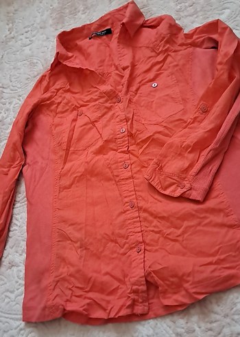 Kırmızı Keten Düğmeli Kadın Gömlek - Görsel 2