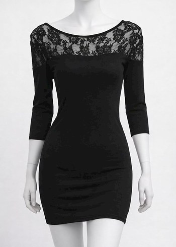 Dantel Detaylı Siyah Midi Kalem Elbise - Görsel 2