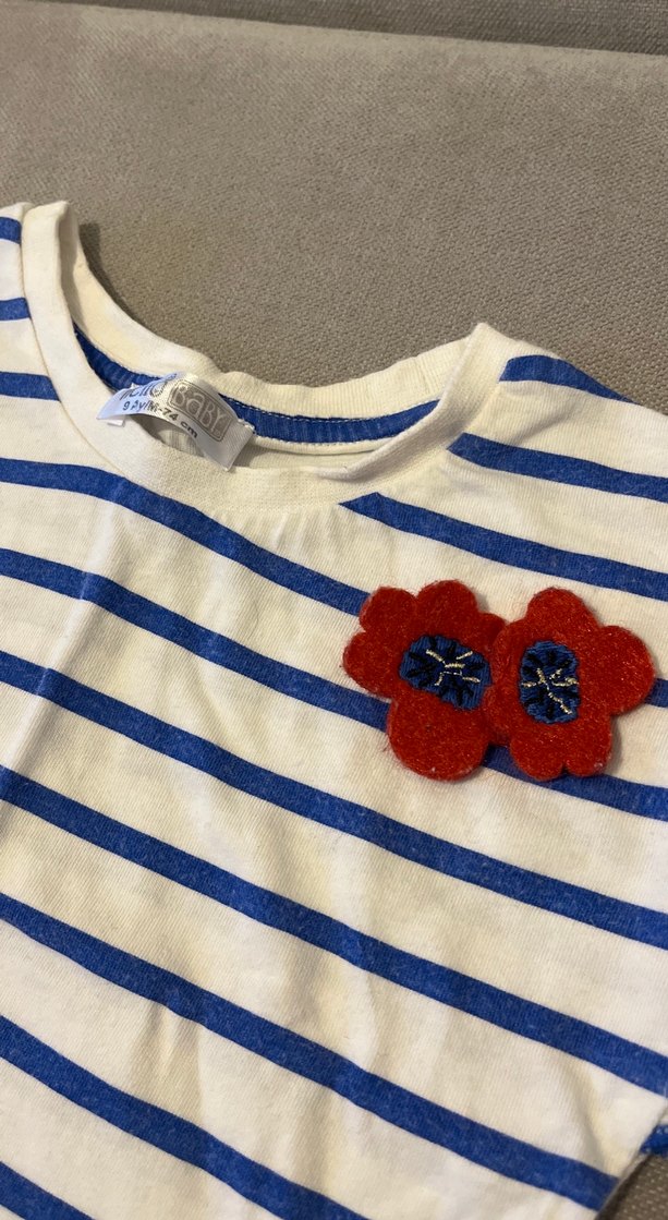 Mavi Çizgili Kız Tişörtü, Kısa Kollu - Görsel 3