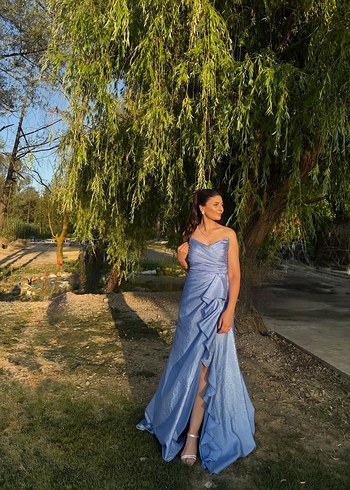 Mavi Drapeli Uzun Straplez Kadın Abiye - Görsel 3